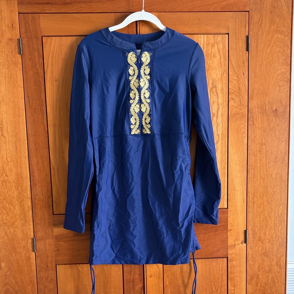 navy/gold rash guard/coverup SPF fabric